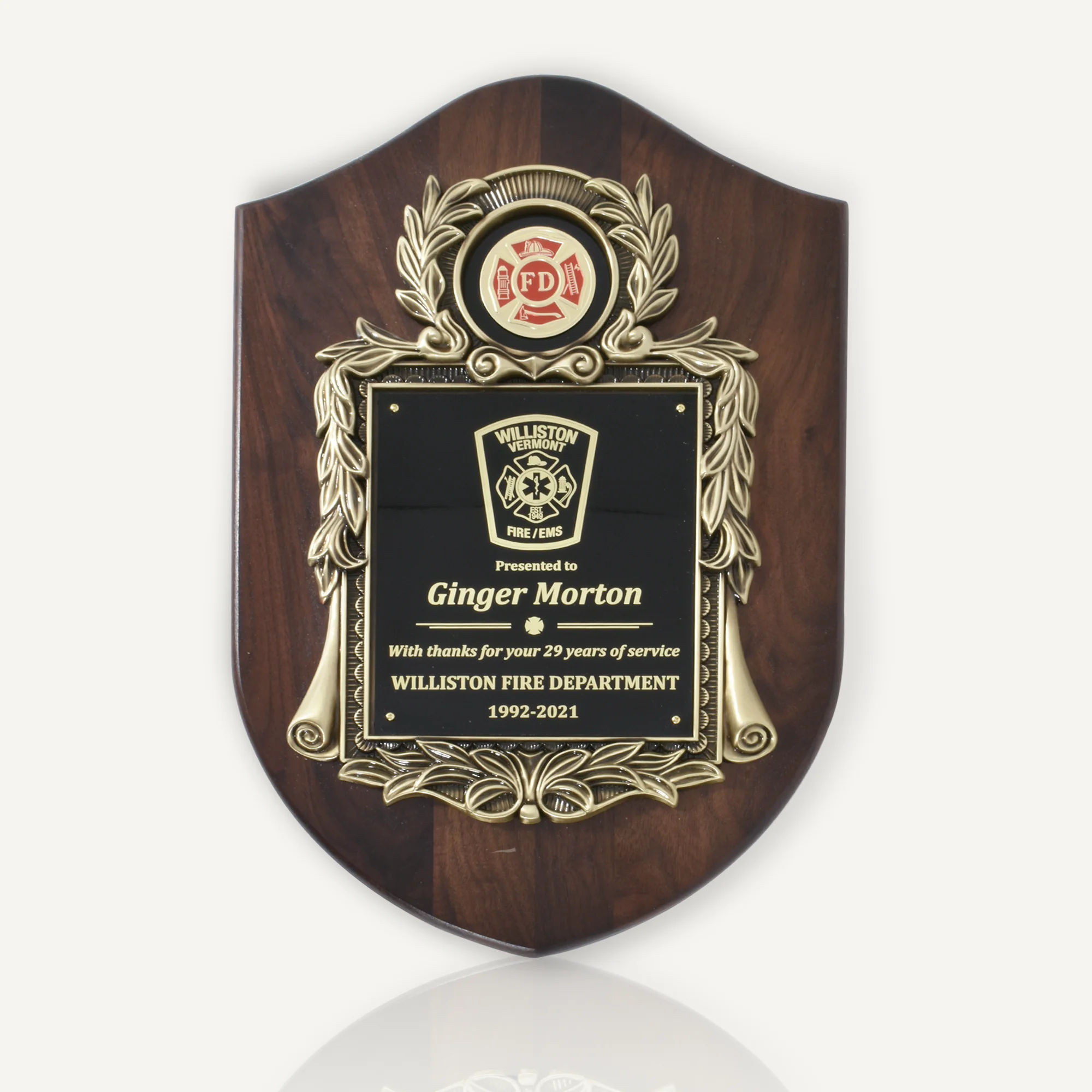 10 1/2" X 16" Genuine Walnut Engraved Firefighter Shield Plaque Award