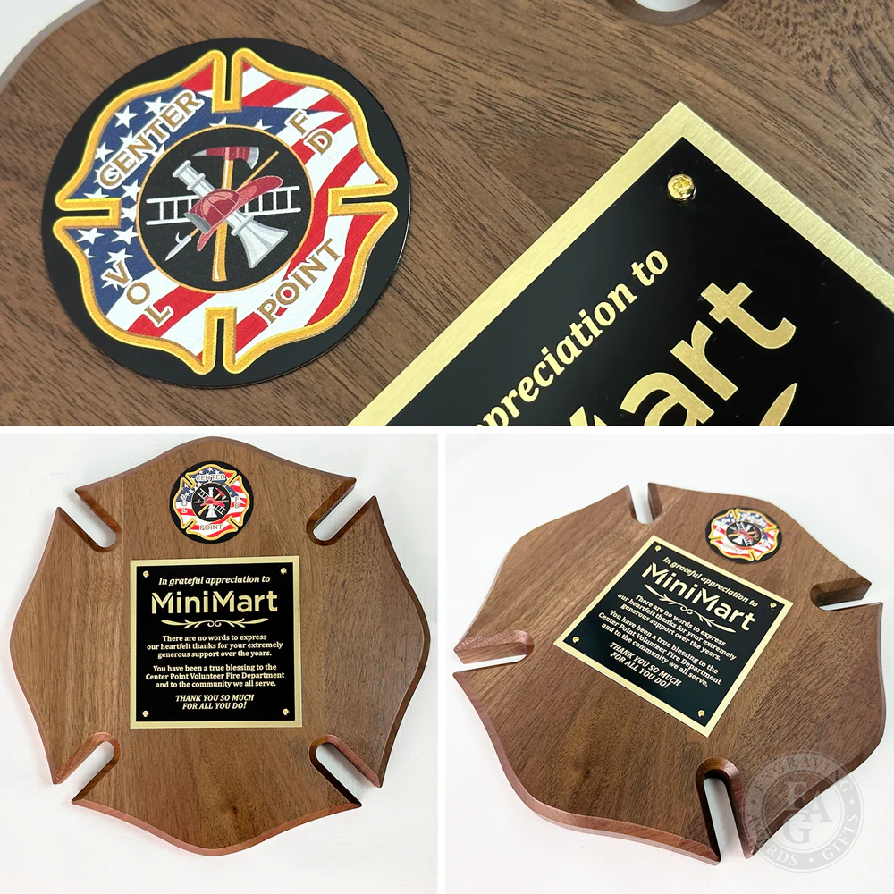 10" x 10" Genuine Walnut Engraved Firefighter Maltese Cross Plaque Award - Image 3