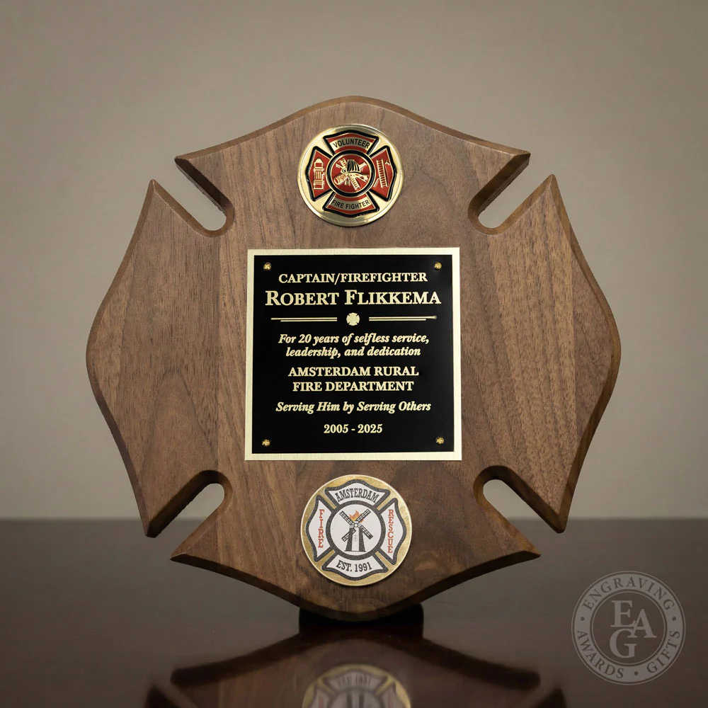 10" x 10" Genuine Walnut Engraved Firefighter Maltese Cross Plaque Award - Image 4
