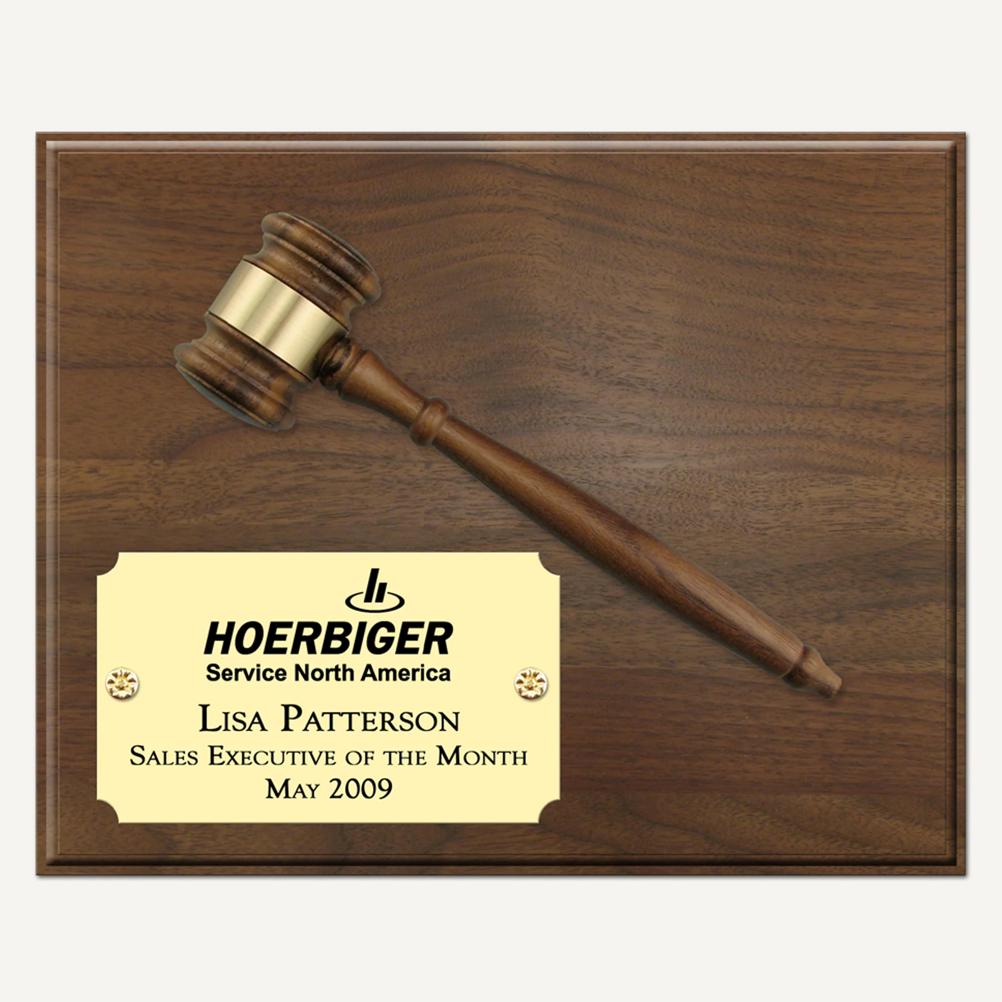 10" x 8" Genuine Walnut Gavel Plaque with Bright Gold Plate