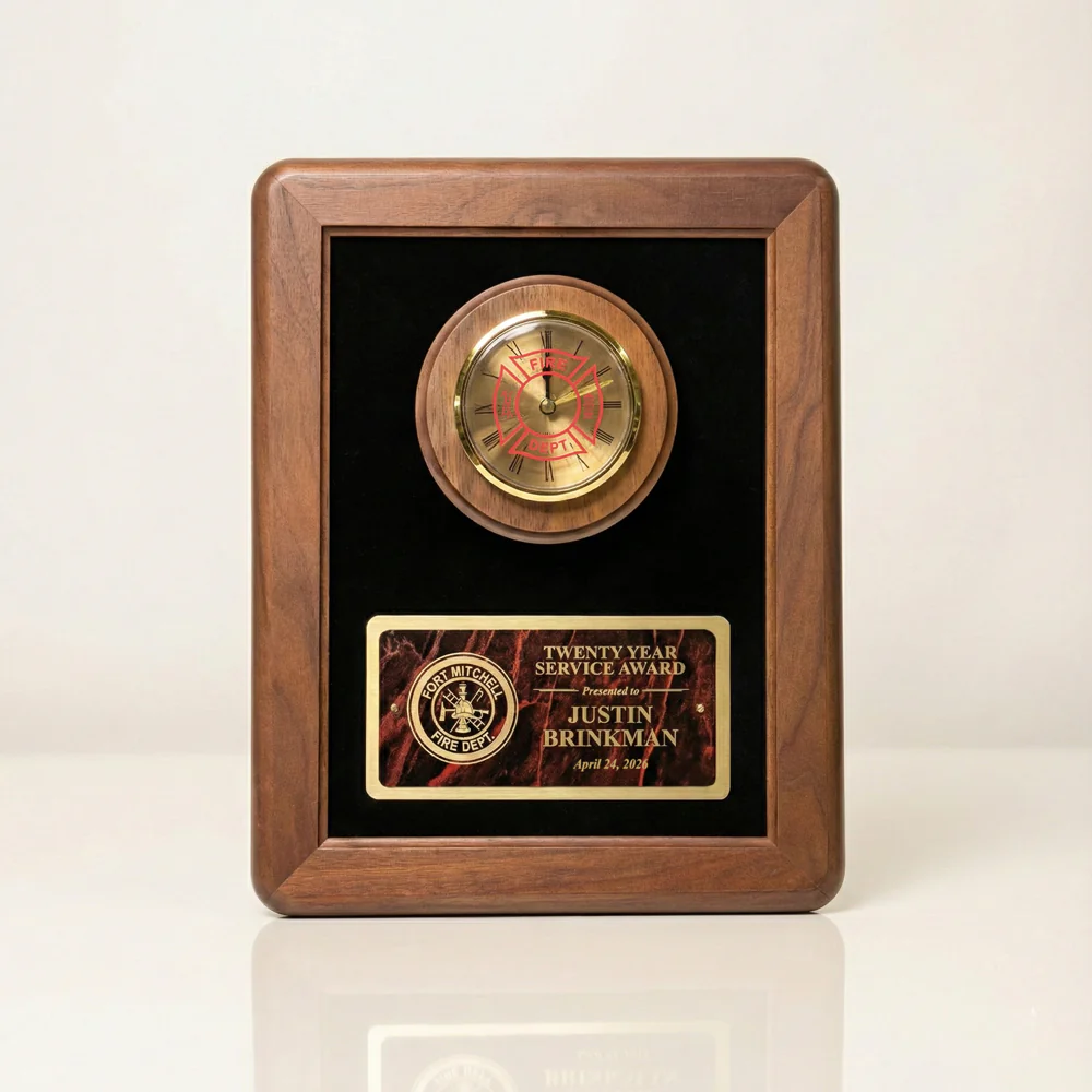 12" x 15" Walnut Firefighter Wall Clock Award