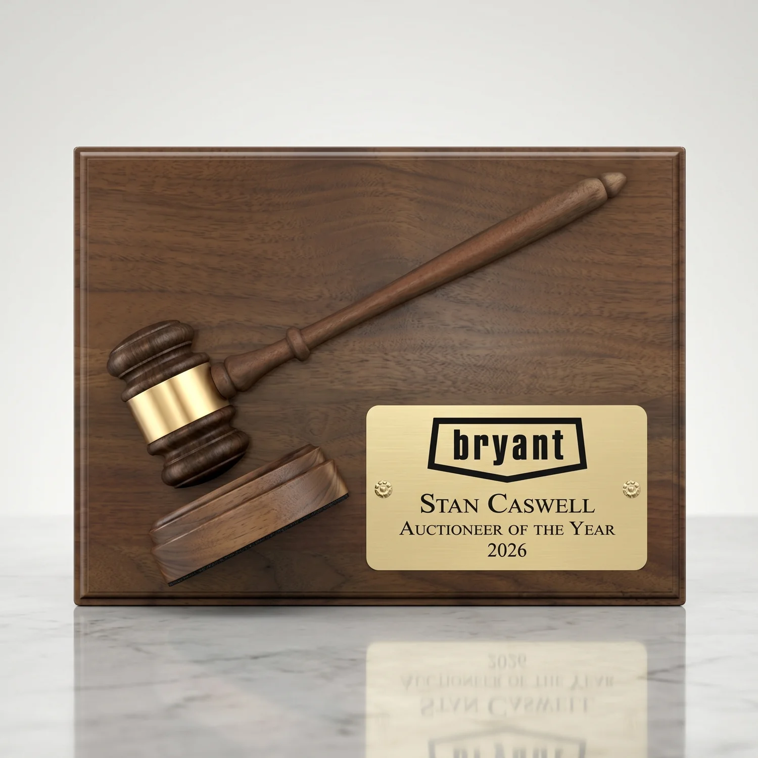 12" x 9" Genuine Walnut Split Gavel and Sound Block Plaque with Bright Gold Plate