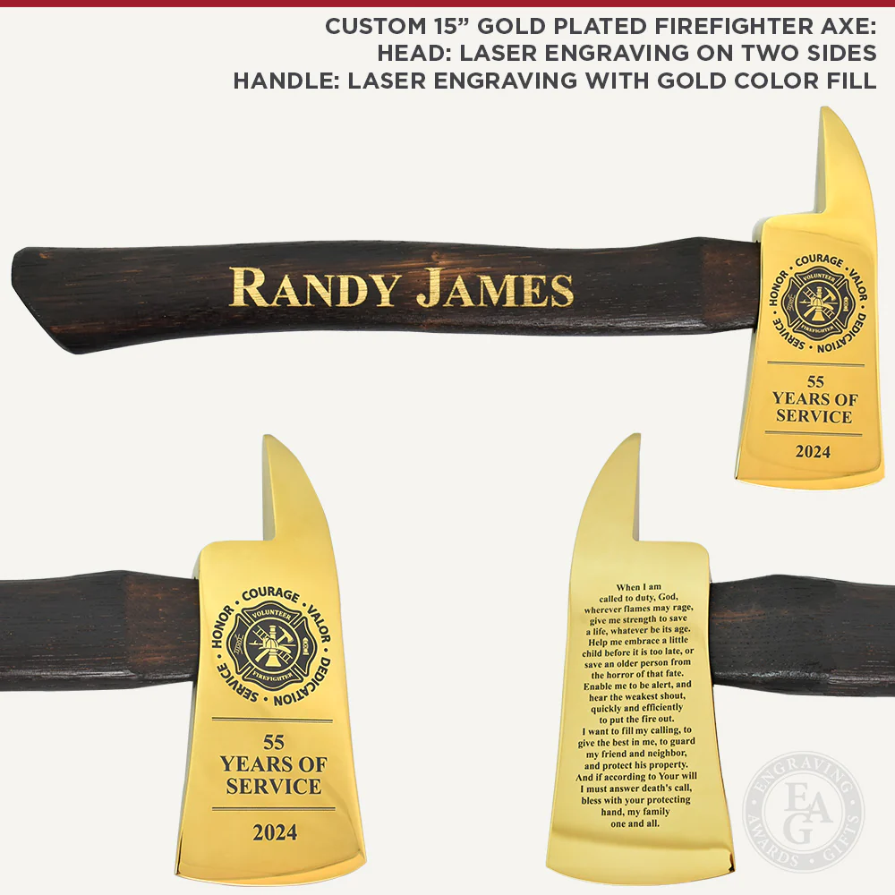 15" Gold Plated Ceremonial Firefighter Axe - Flamed - Image 5