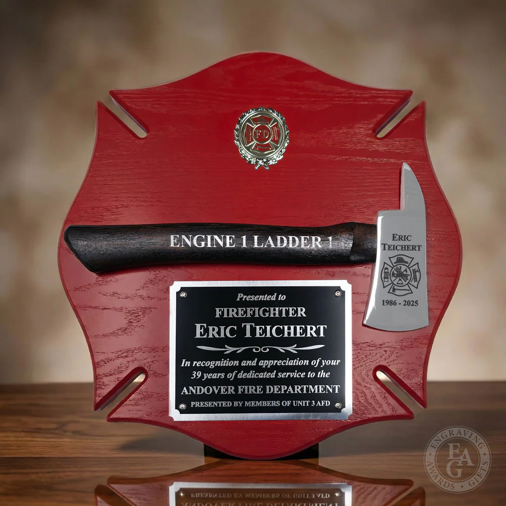 18x18 Red Maltese Cross Firefighter Plaque - Chrome Axe - Image 3