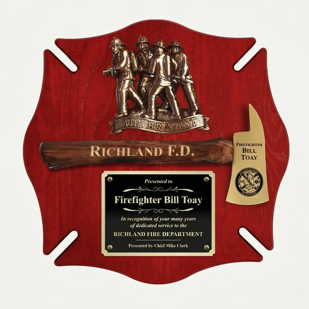 18x18 Red Maltese Cross Firefighter Plaque - Gold Axe - Image 3