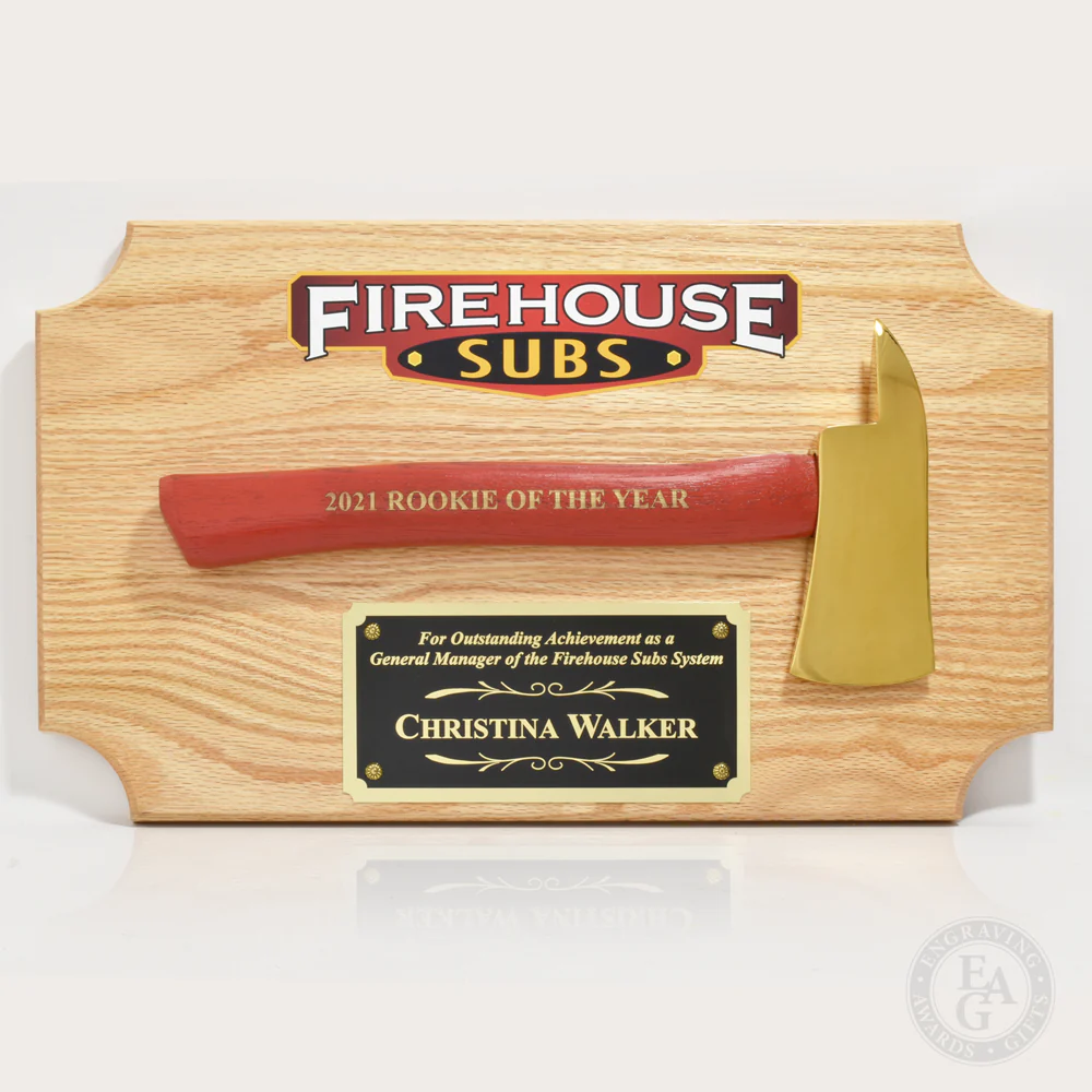 20" x 12" Oak Firefighter Axe Award Plaque - Gold - Image 11