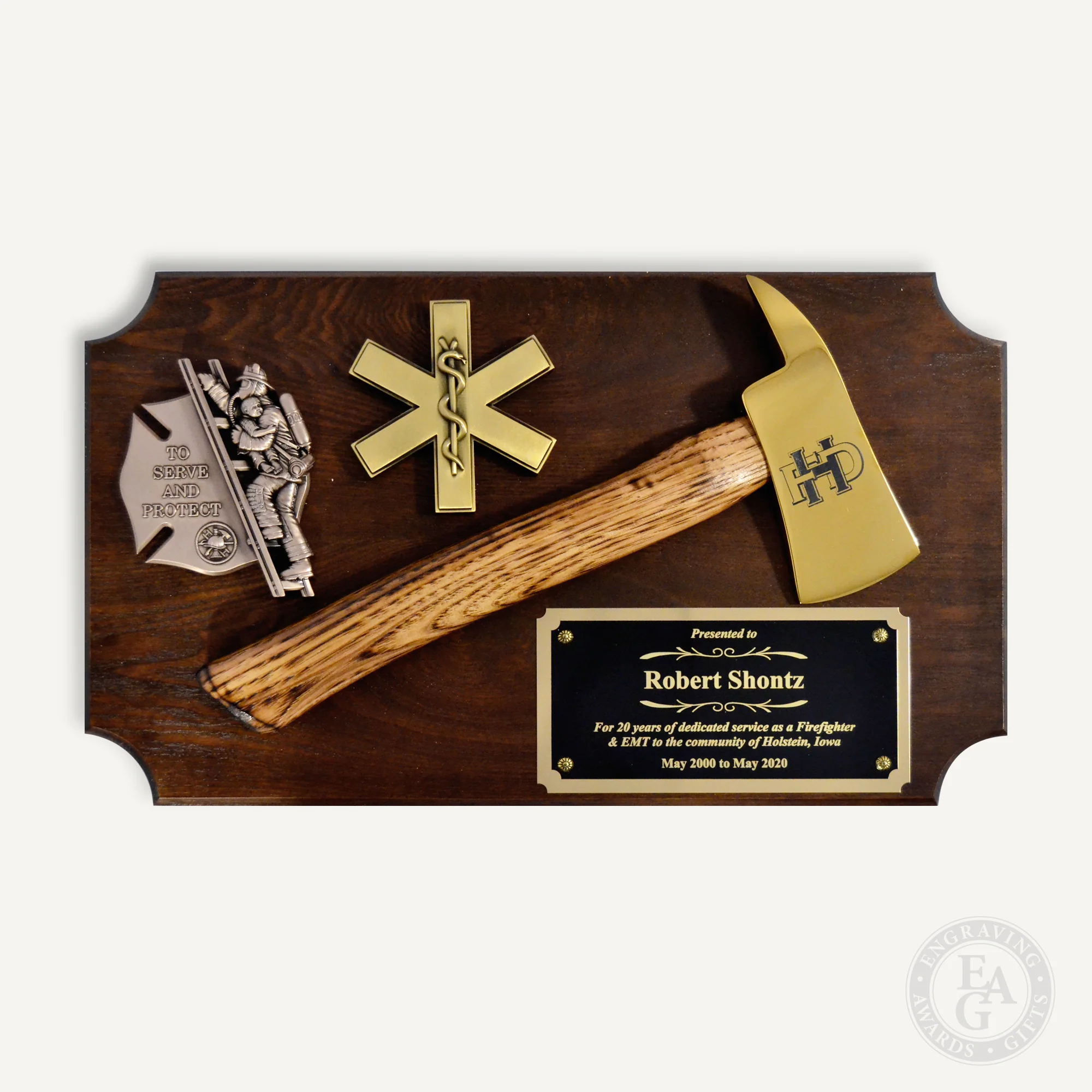 20" x 12" Walnut Firefighter Axe Award Plaque - Gold - Image 19