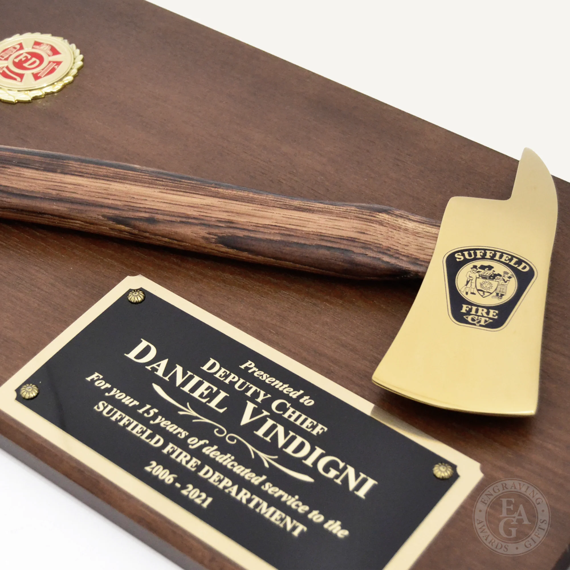 20" x 12" Walnut Firefighter Axe Award Plaque - Gold - Image 20