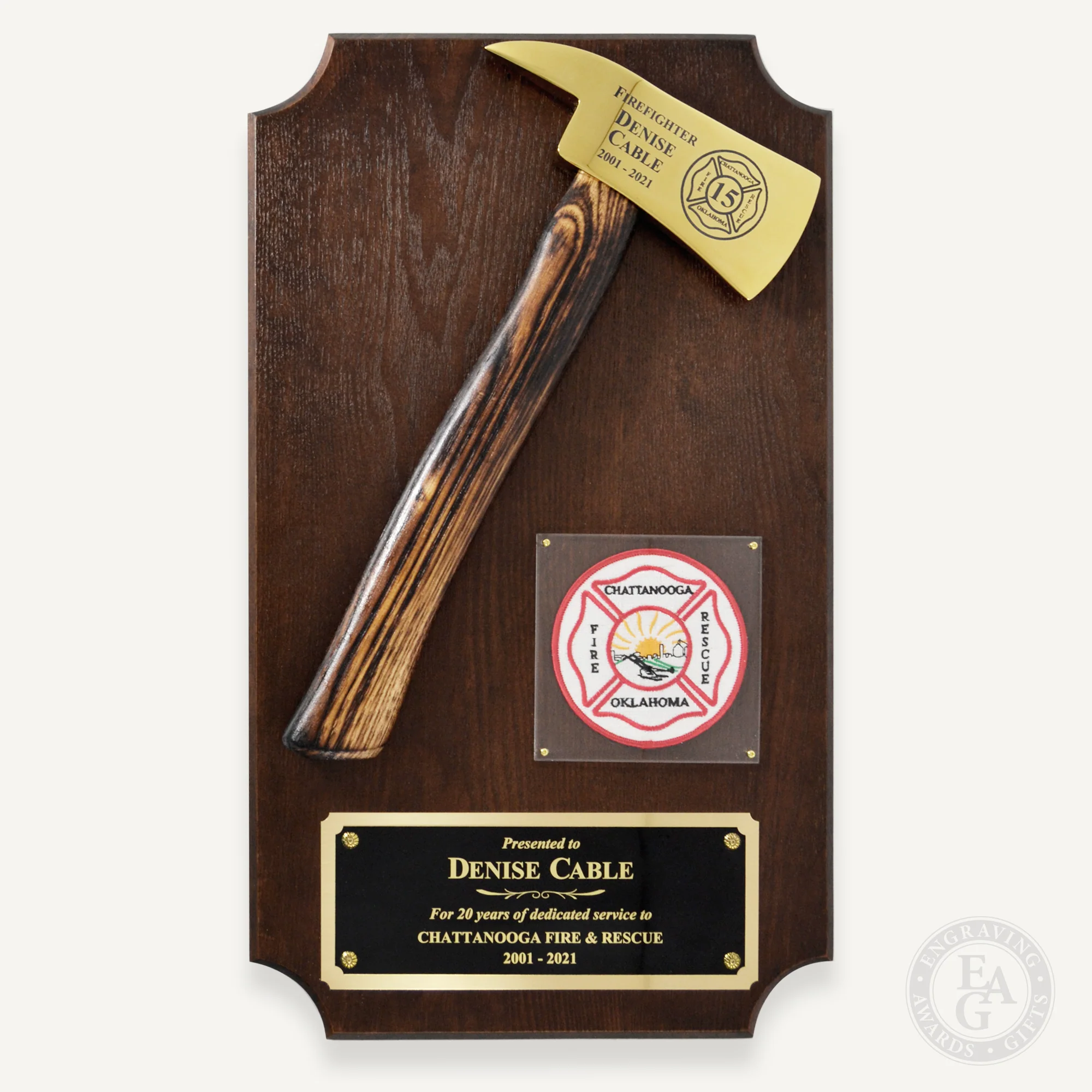 20" x 12" Walnut Firefighter Axe Award Plaque - Gold - Image 21