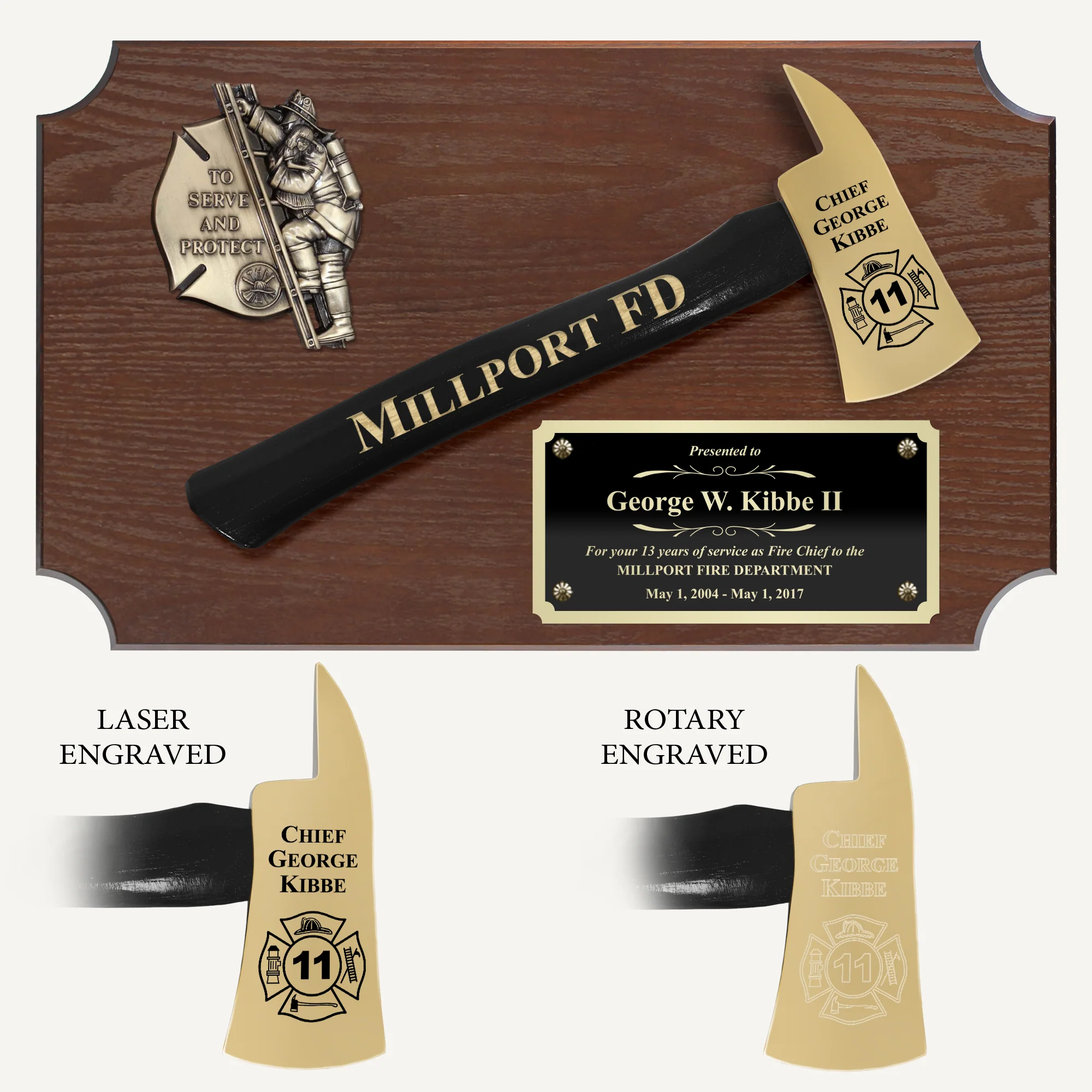 20" x 12" Walnut Firefighter Axe Award Plaque - Gold - Image 3