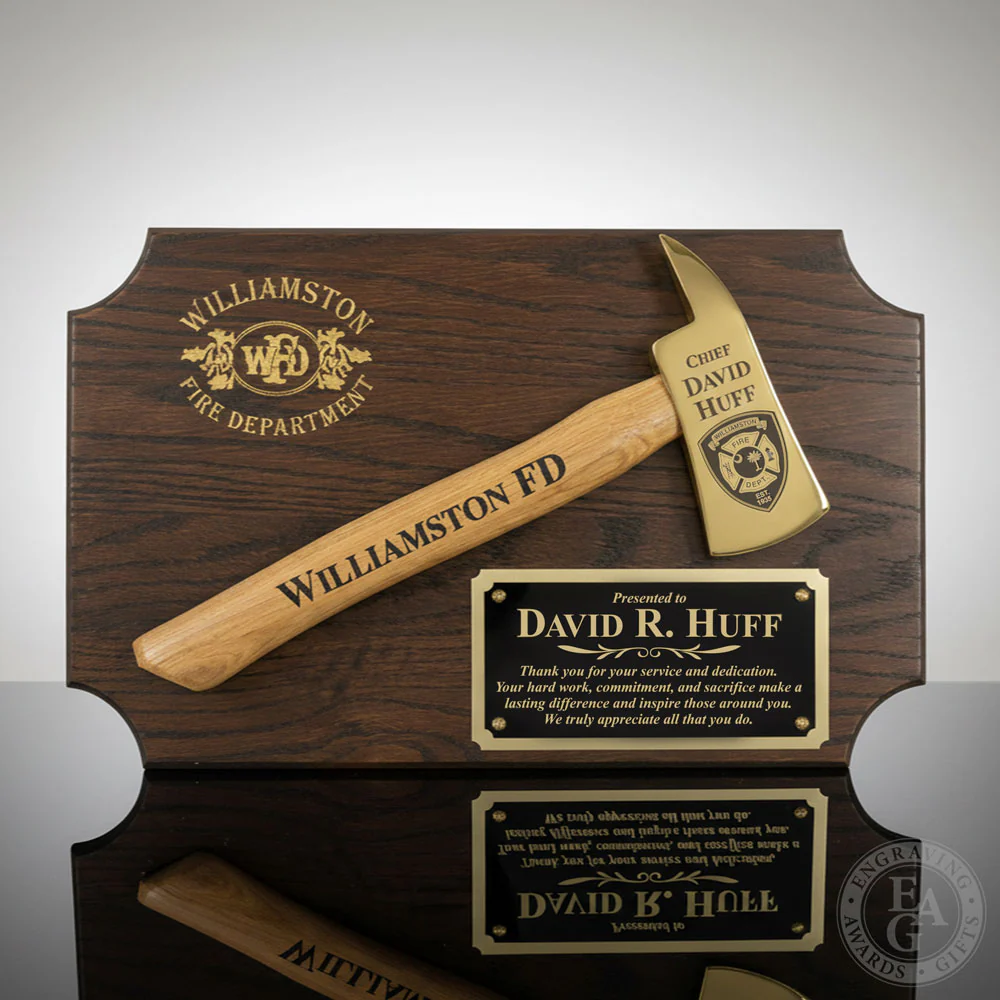 20" x 12" Walnut Firefighter Axe Award Plaque - Gold - Image 32