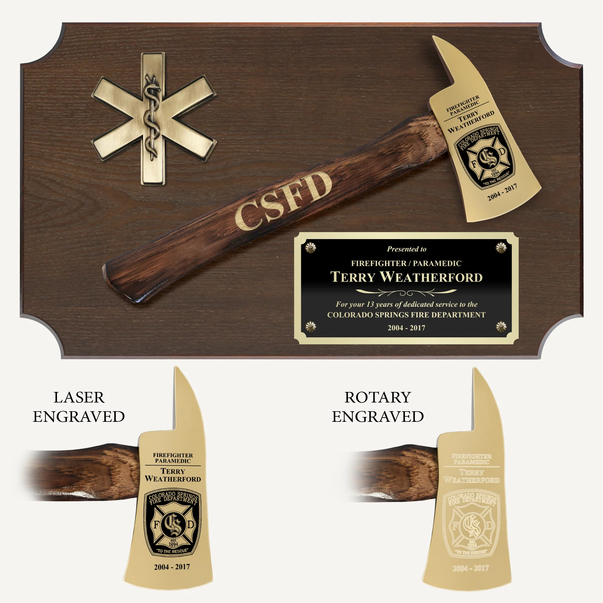 20" x 12" Walnut Firefighter Axe Award Plaque - Gold - Image 4