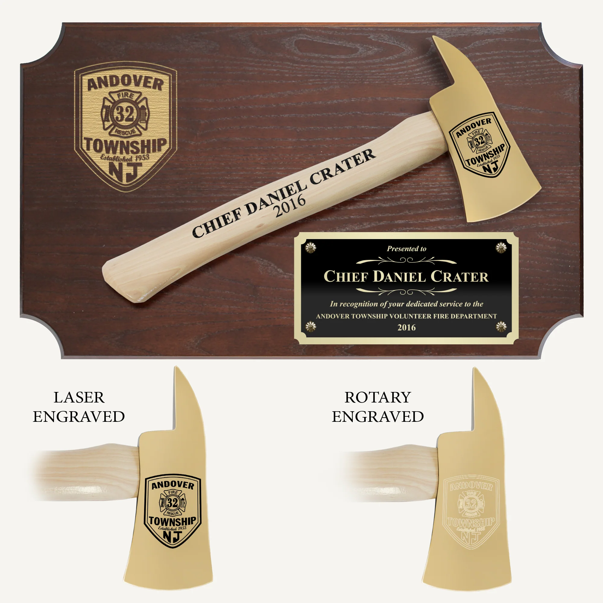 20" x 12" Walnut Firefighter Axe Award Plaque - Gold - Image 5