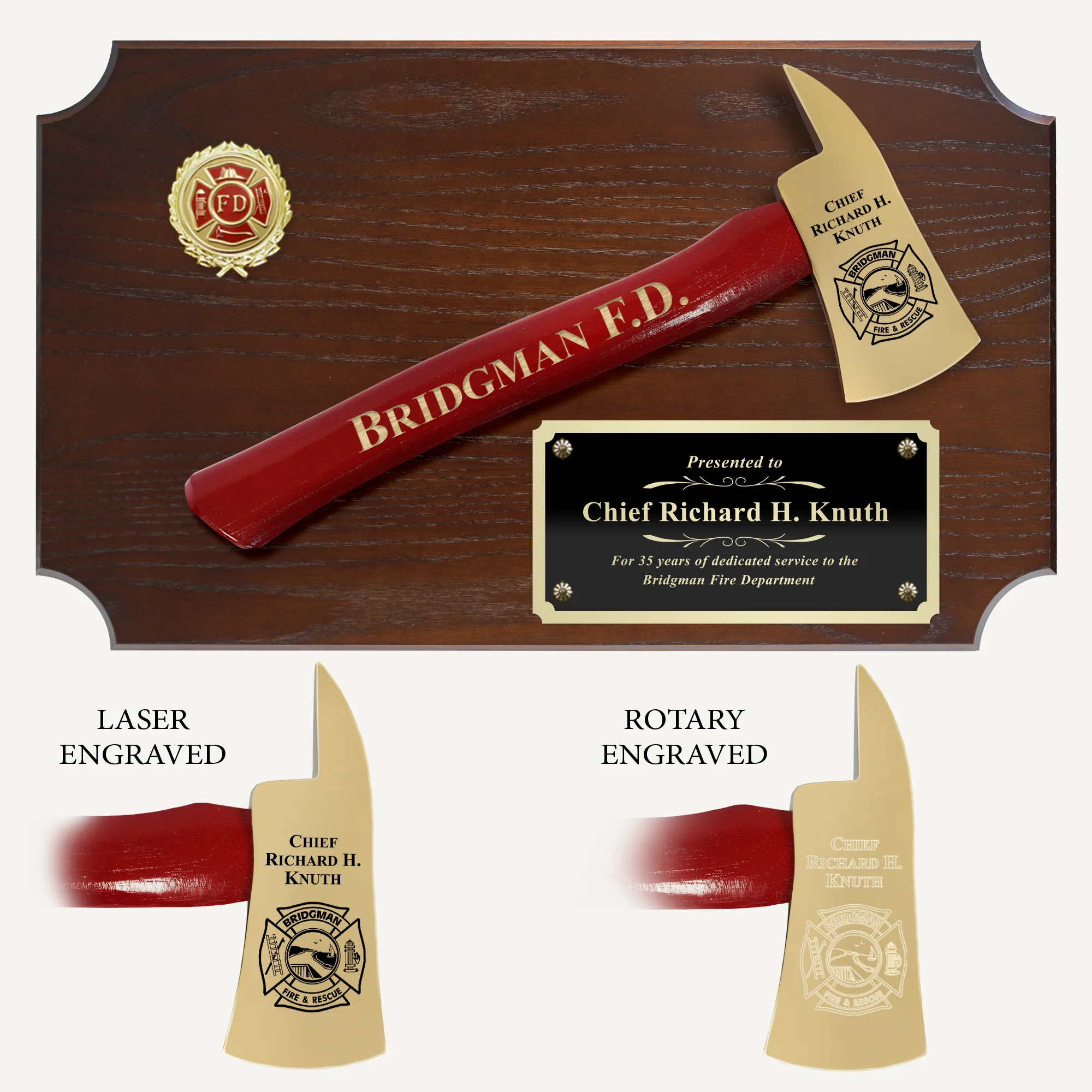20" x 12" Walnut Firefighter Axe Award Plaque - Gold - Image 6