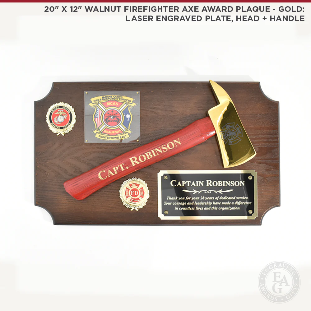 20" x 12" Walnut Firefighter Axe Award Plaque - Gold - Image 7
