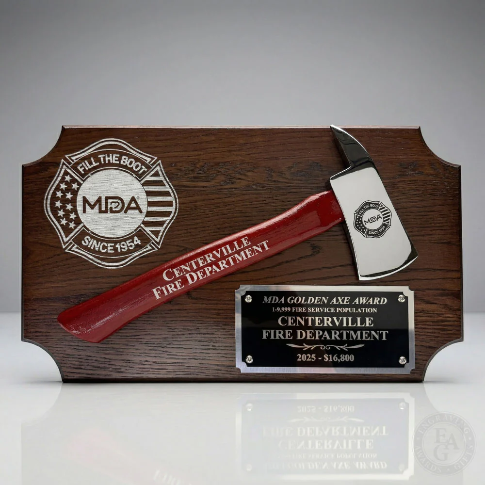 20" x 12" Walnut Firefighter Axe Award Plaque - Chrome - Image 26