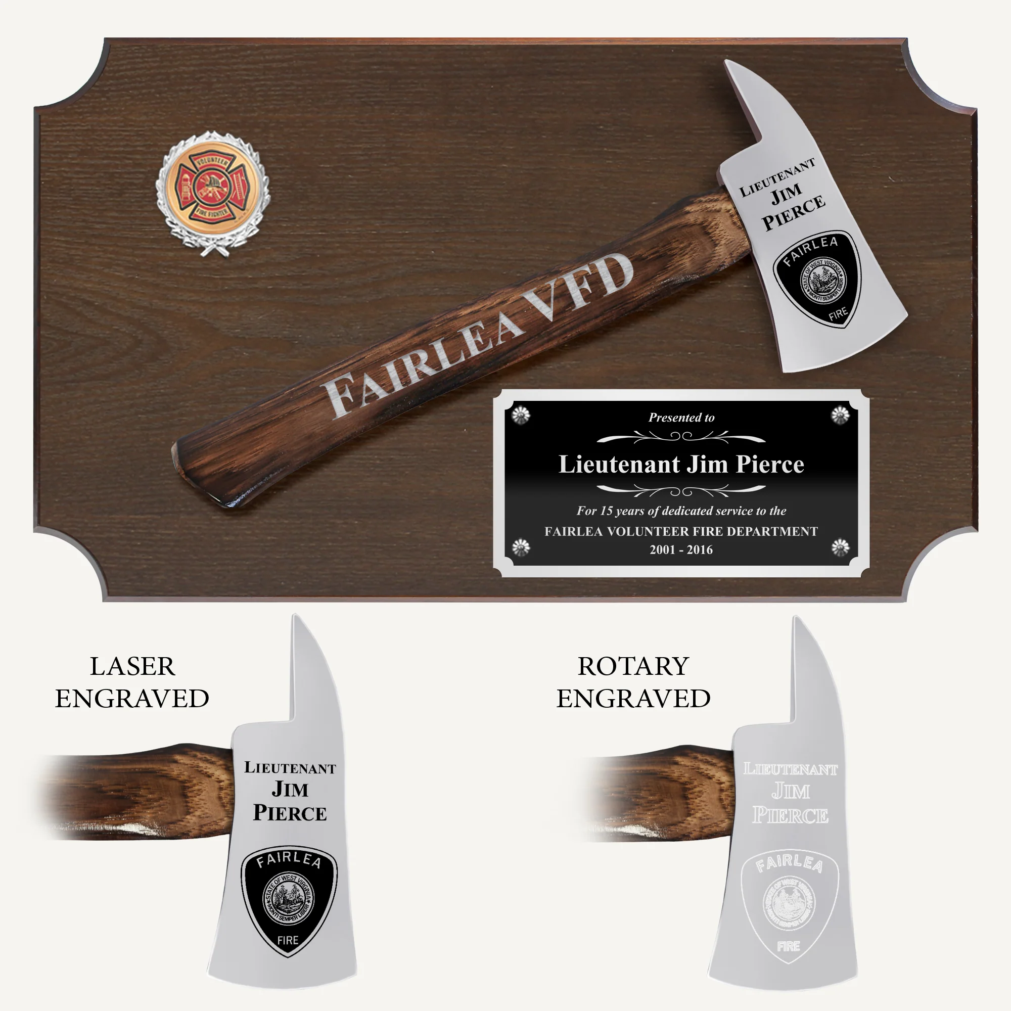 20" x 12" Walnut Firefighter Axe Award Plaque - Chrome - Image 3