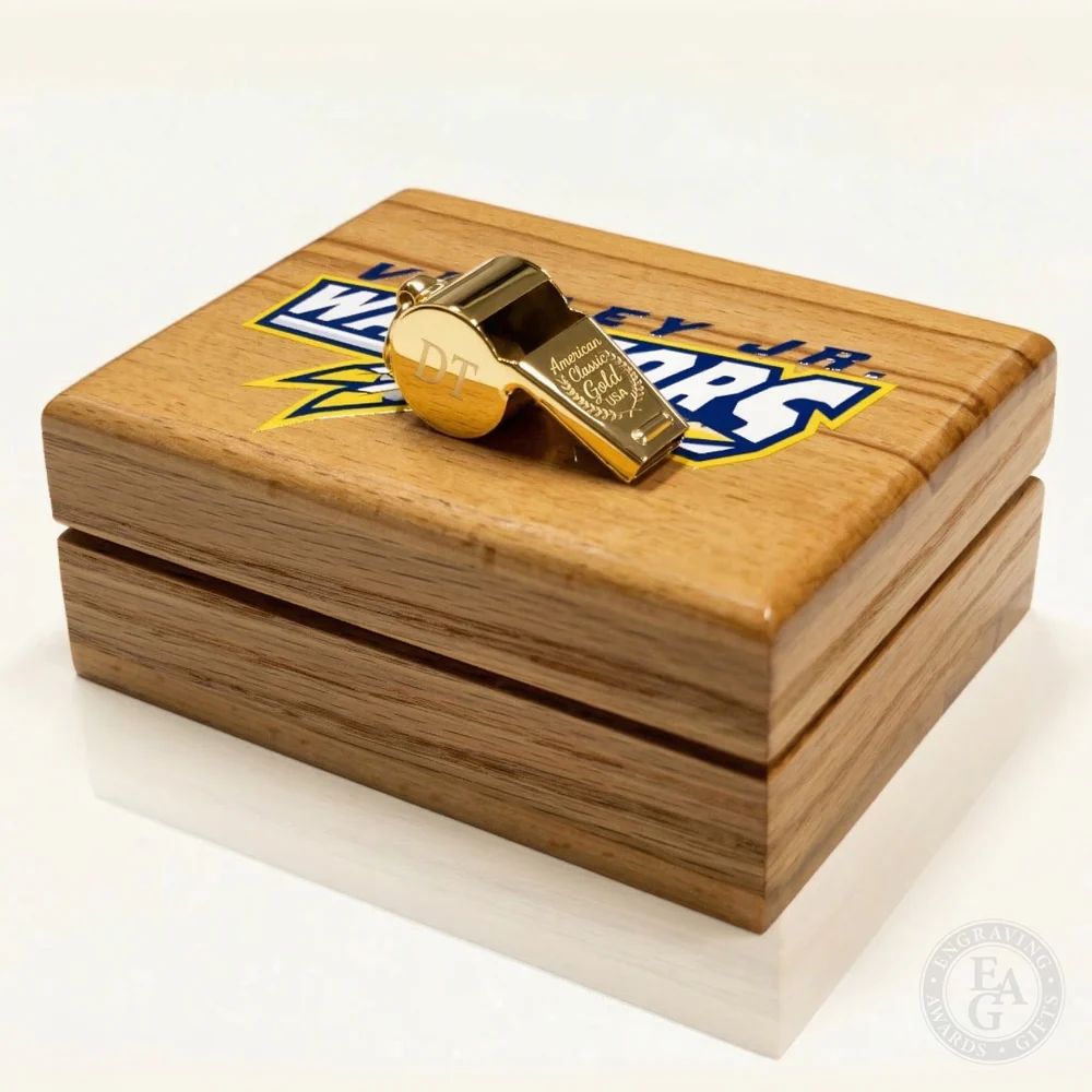 24 KT Gold Plated Whistle Award w/ Oak Case - Image 5