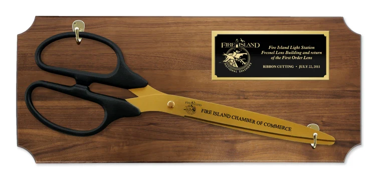 25" Ceremonial Ribbon Cutting Scissors Walnut Plaque - Image 3
