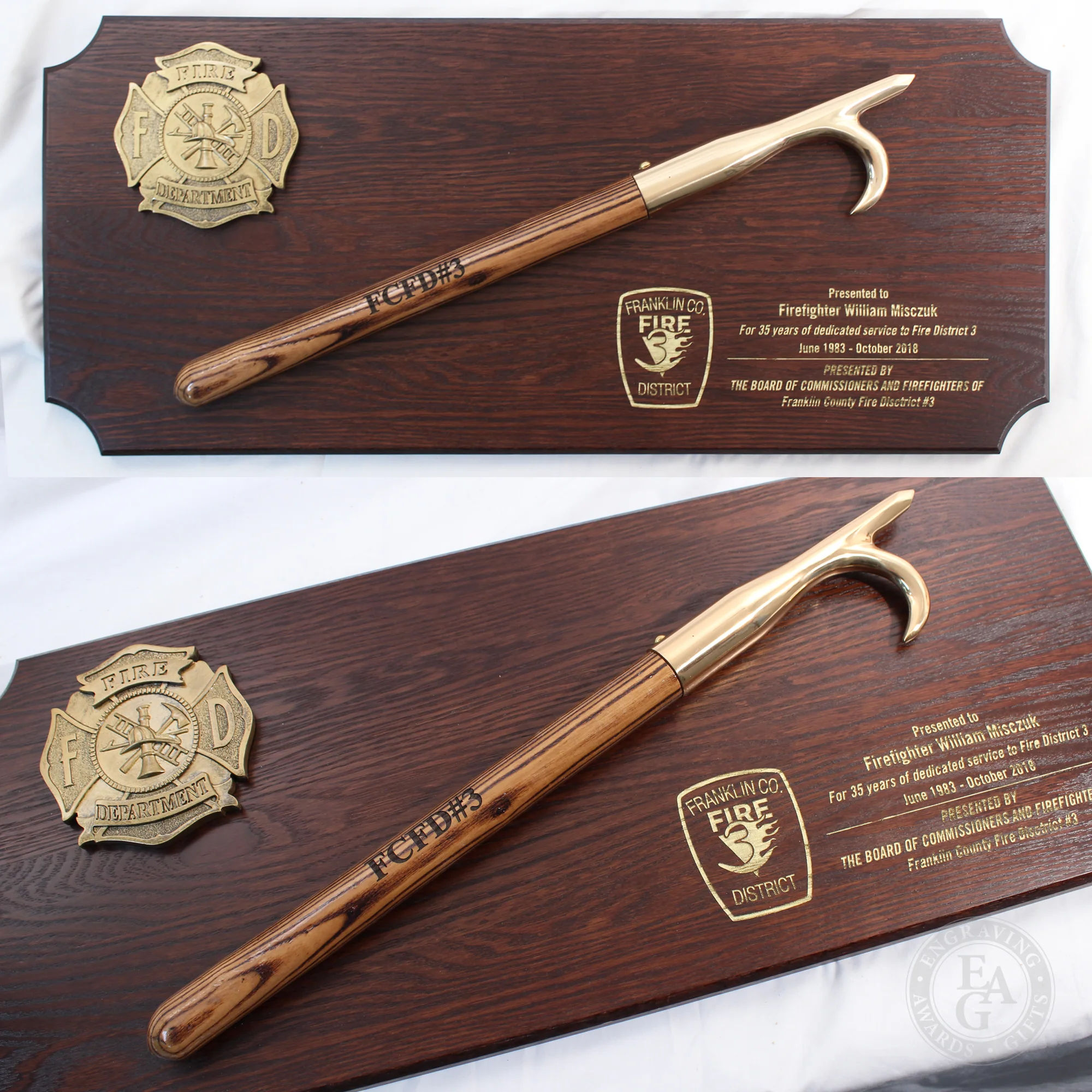 28" x 12" Walnut Firefighter Pike Pole Award Plaque - Brass - Image 4