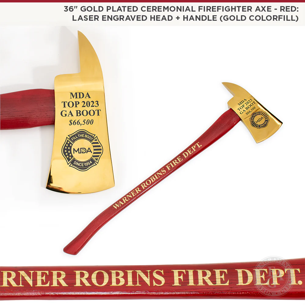 36" Gold Plated Ceremonial Firefighter Axe - Red - Image 13
