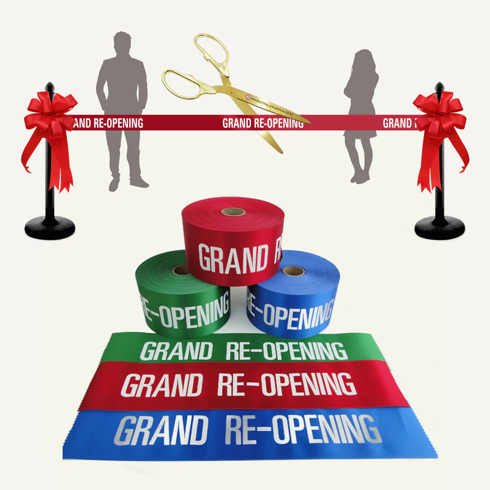 4" Wide GRAND RE-OPENING Ribbon - White Text