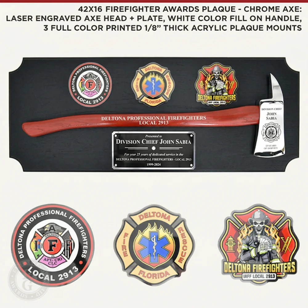 42x16 Black Firefighter Award Plaque - Chrome Axe - Image 16