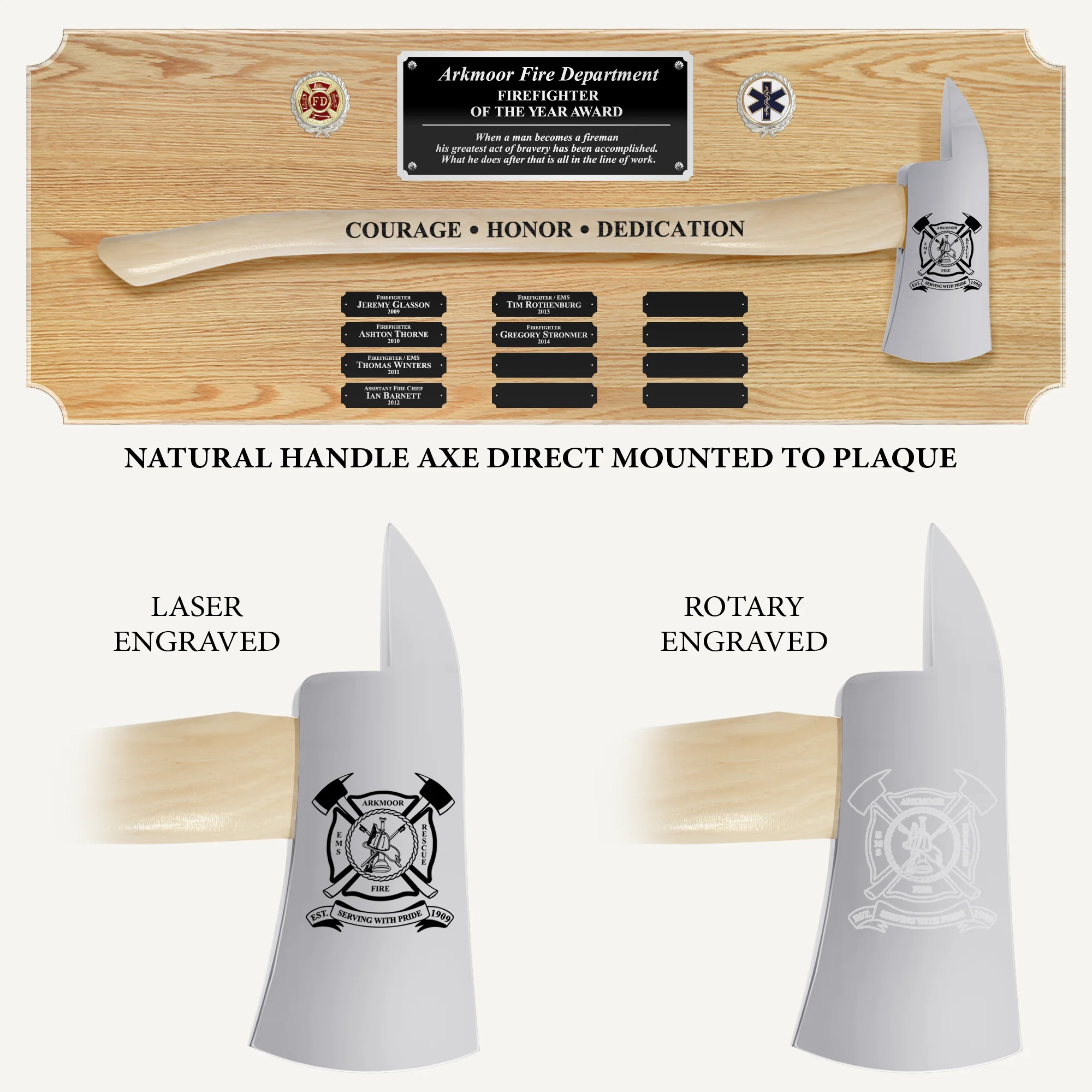 42x16 Oak Firefighter Perpetual Award Plaque - Chrome Axe - Image 3