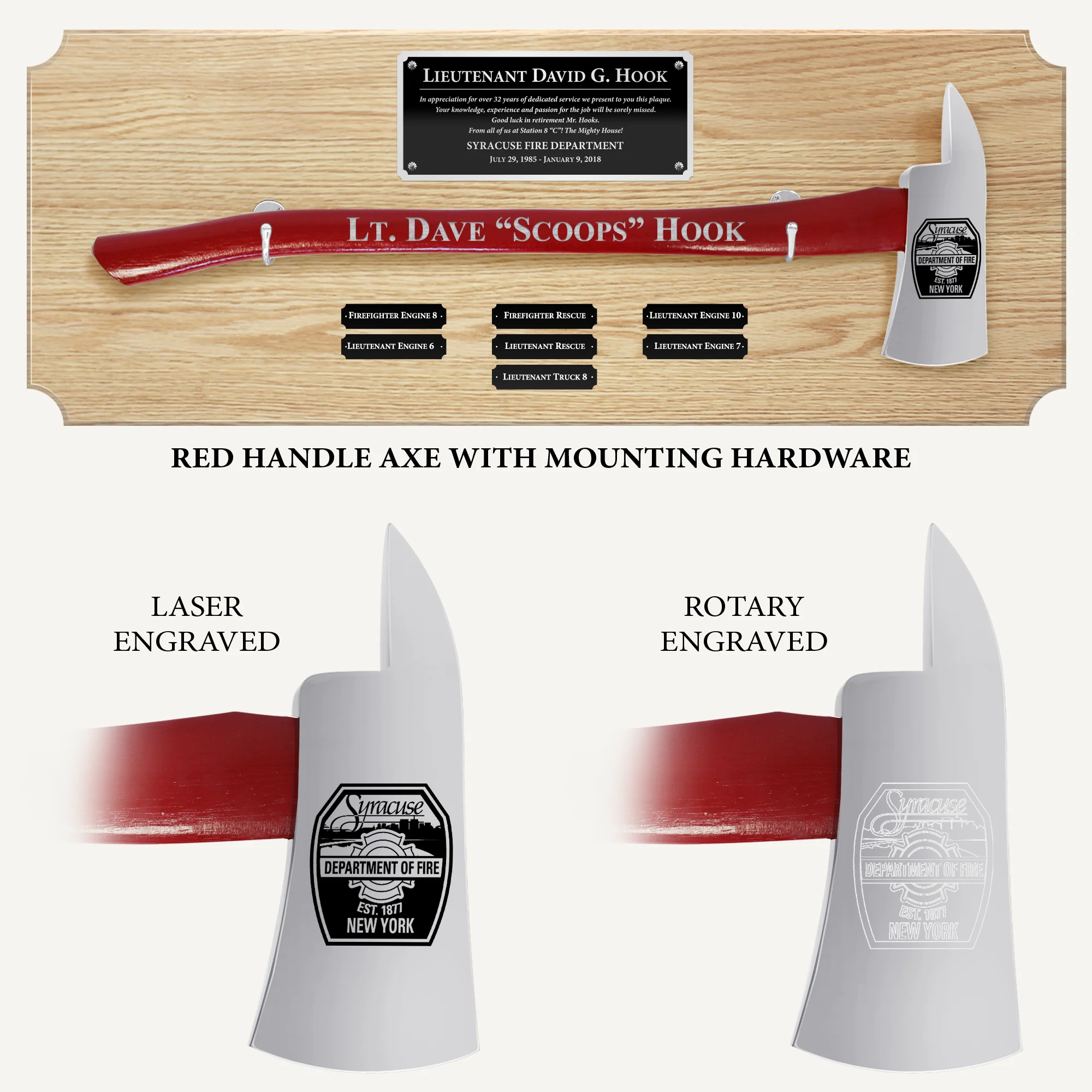 42x16 Oak Firefighter Perpetual Award Plaque - Chrome Axe - Image 4