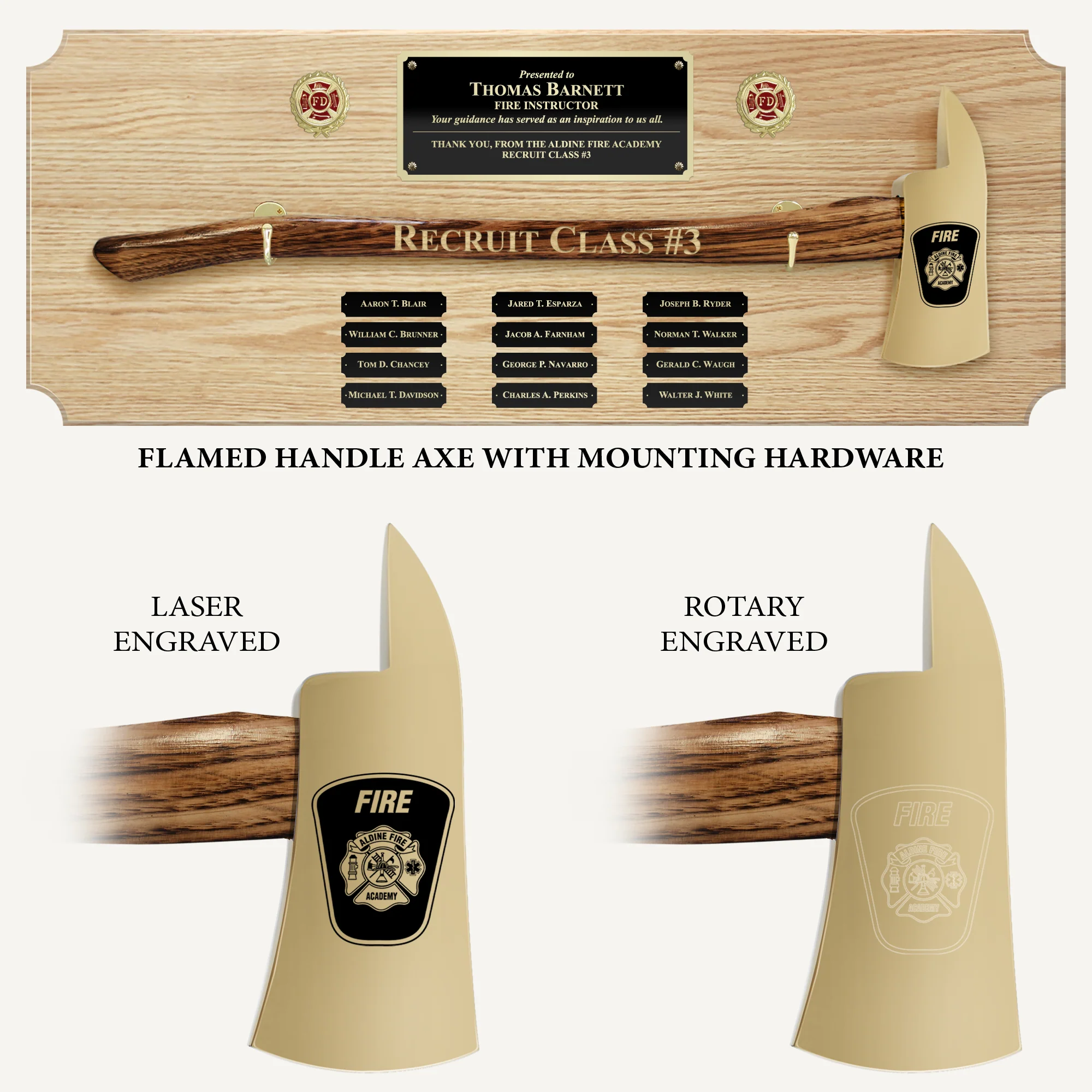 42x16 Oak Firefighter Perpetual Award Plaque - Gold Axe - Image 2
