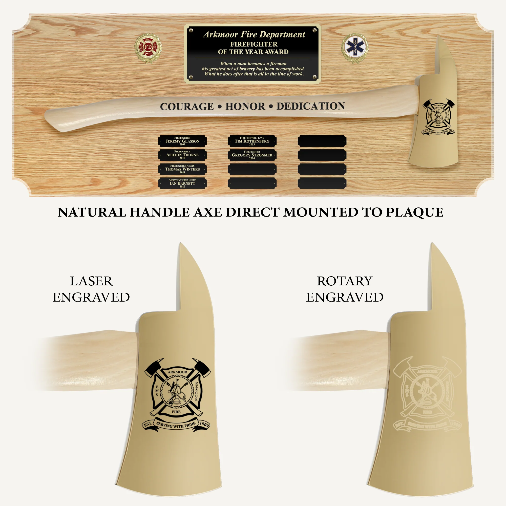 42x16 Oak Firefighter Perpetual Award Plaque - Gold Axe - Image 3