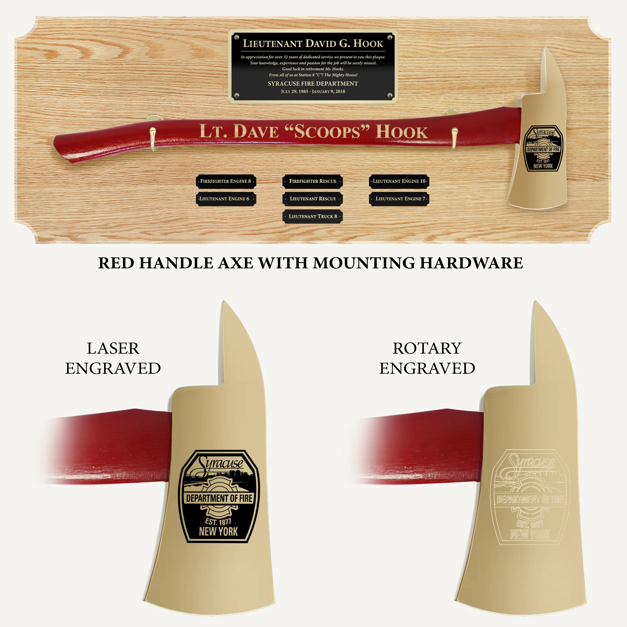 42x16 Oak Firefighter Perpetual Award Plaque - Gold Axe - Image 4
