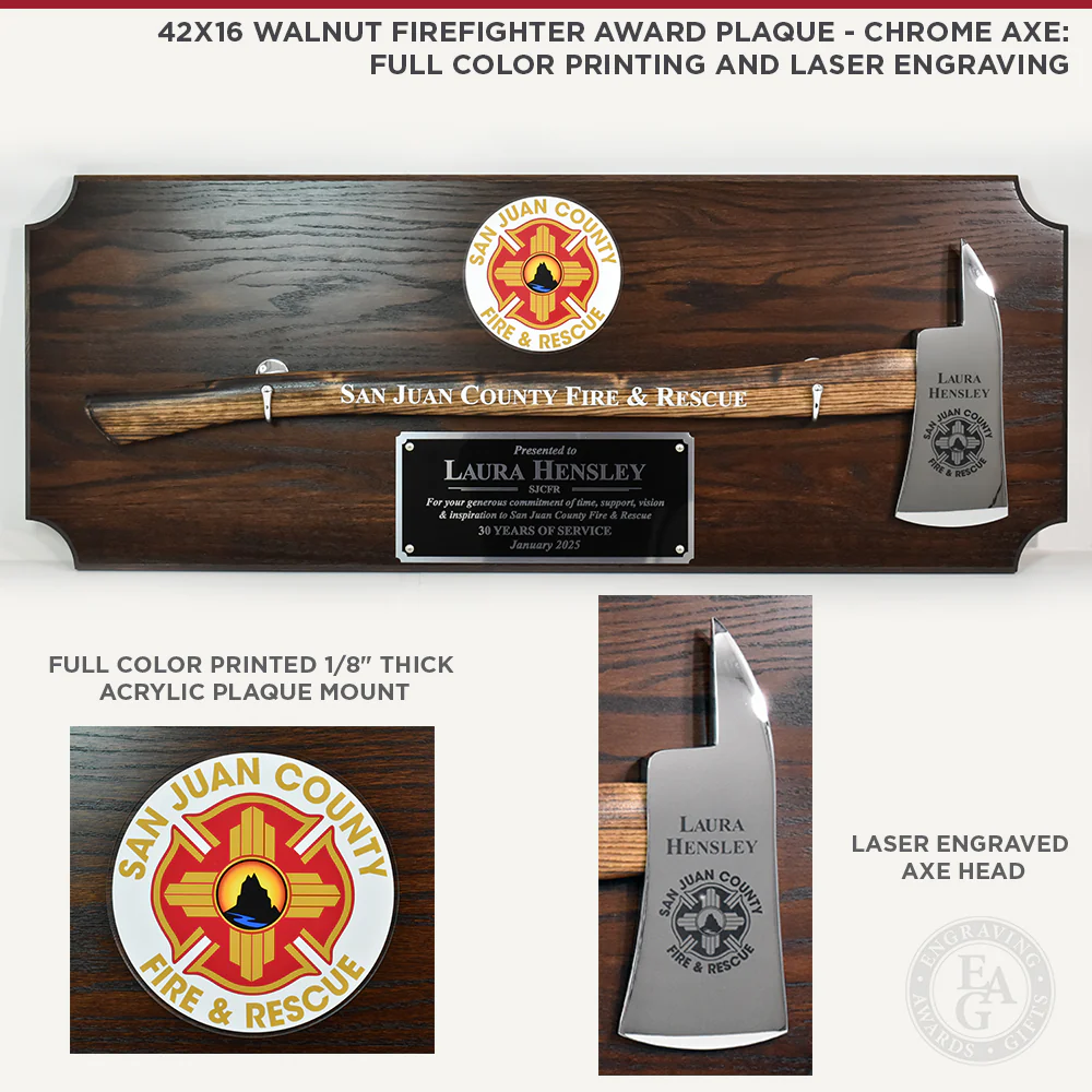 42x16 Walnut Firefighter Award Plaque - Chrome Axe - Image 14