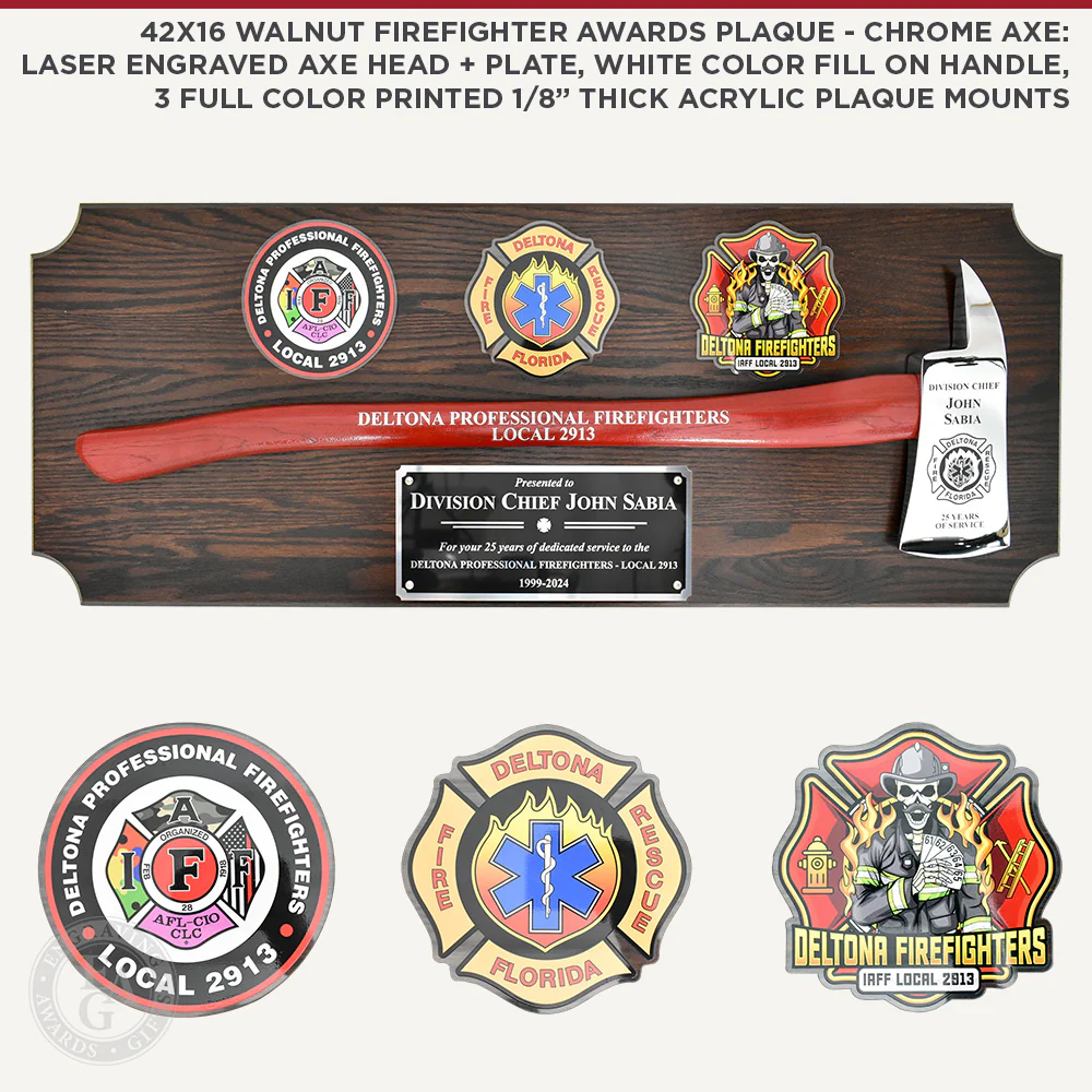 42x16 Walnut Firefighter Award Plaque - Chrome Axe - Image 15