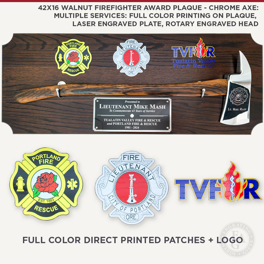 42x16 Walnut Firefighter Award Plaque - Chrome Axe - Image 16
