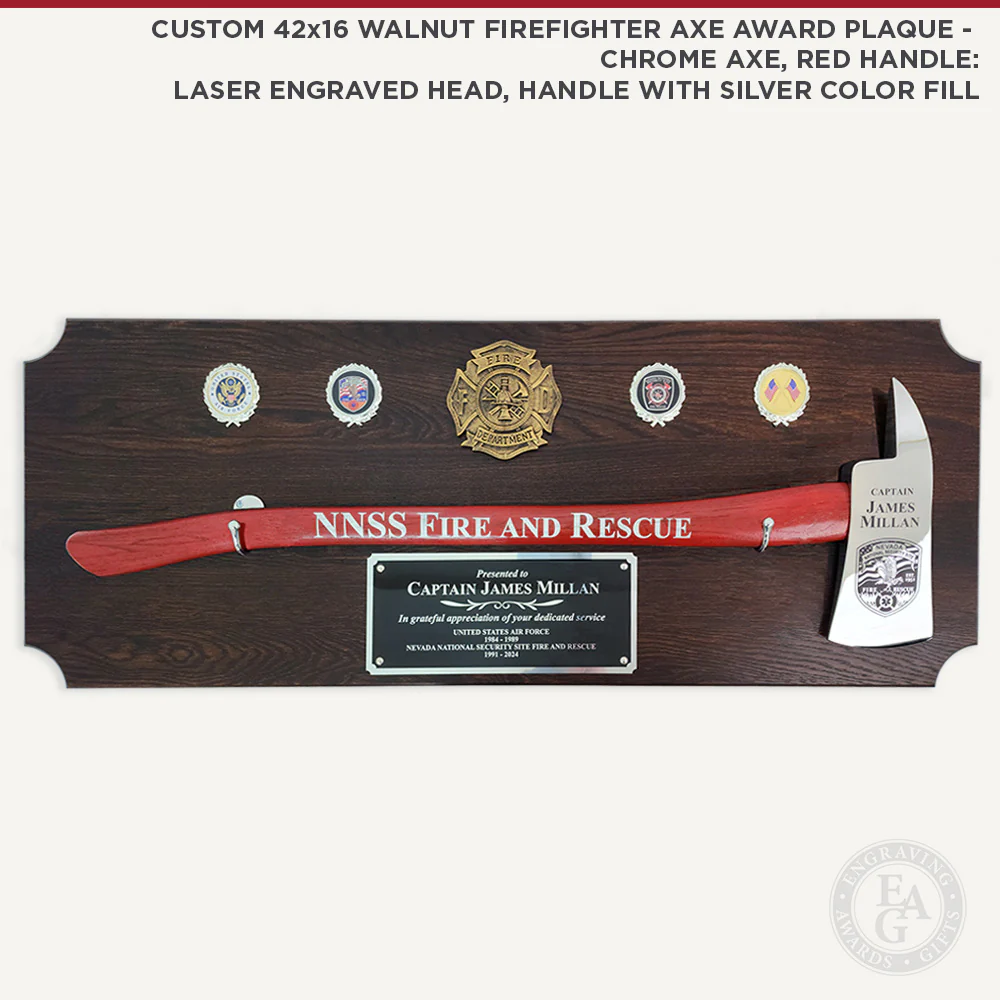 42x16 Walnut Firefighter Award Plaque - Chrome Axe - Image 17