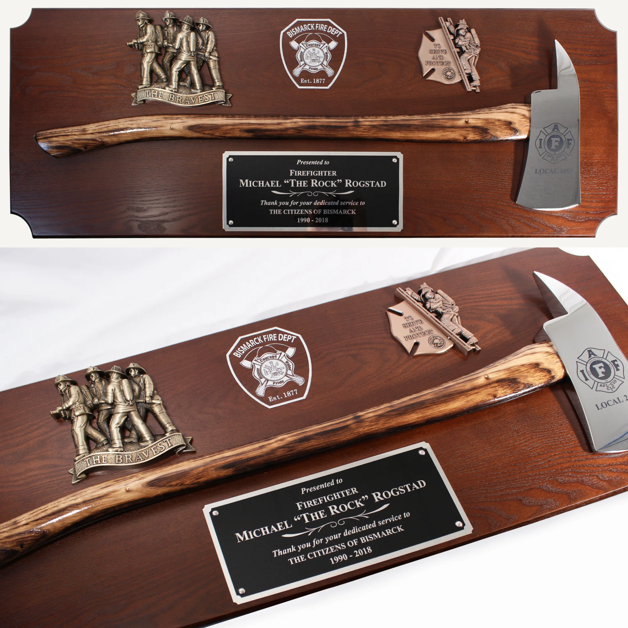 42x16 Walnut Firefighter Award Plaque - Chrome Axe - Image 23