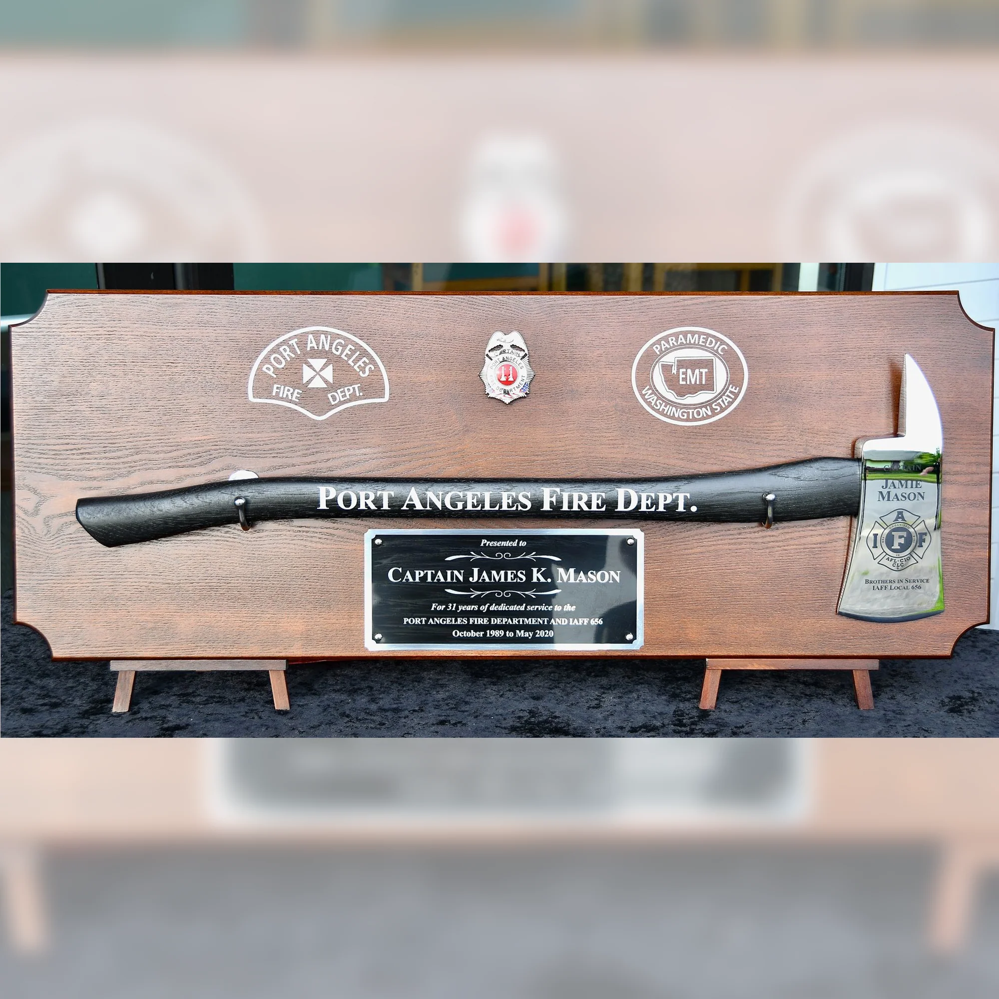 42x16 Walnut Firefighter Award Plaque - Chrome Axe - Image 25
