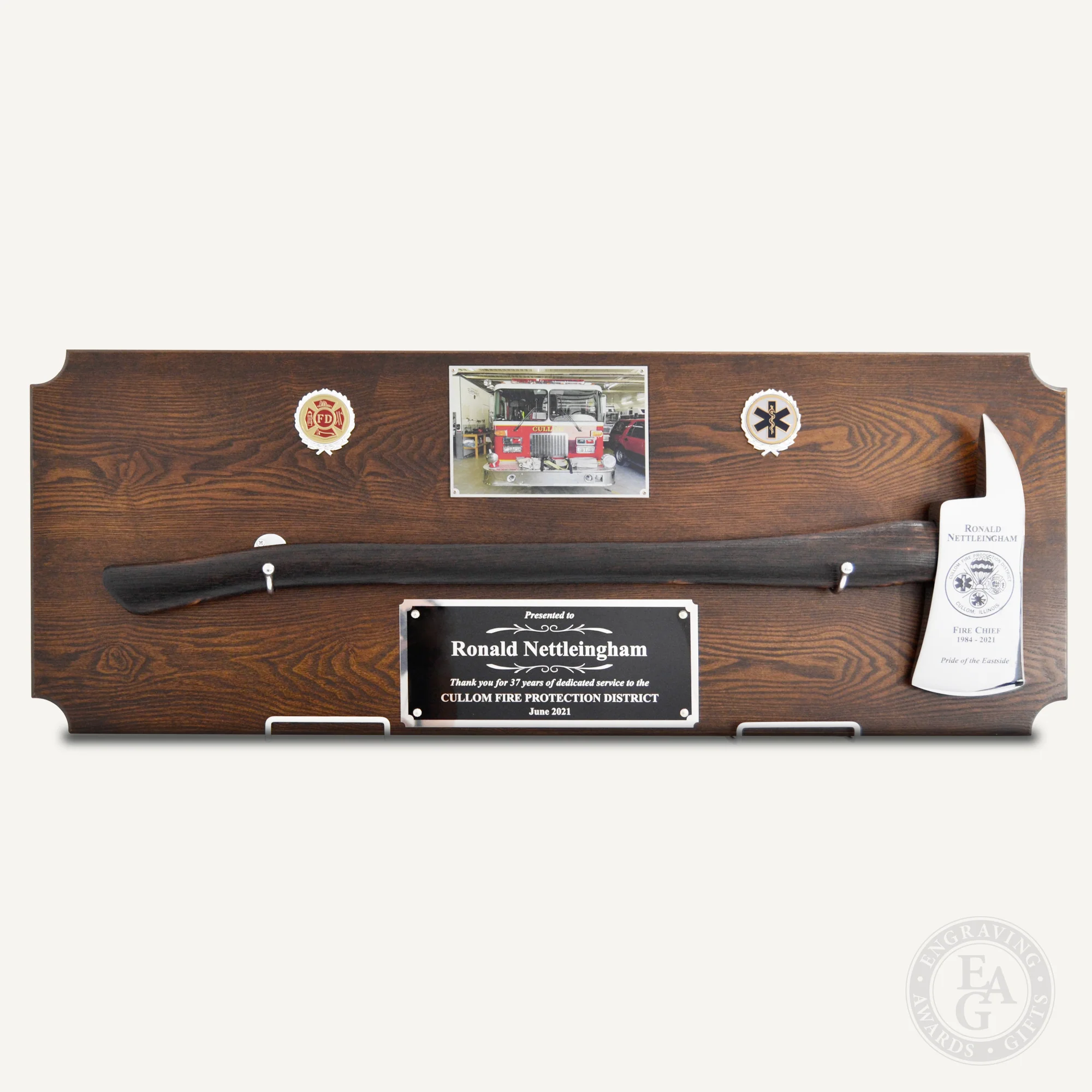 42x16 Walnut Firefighter Award Plaque - Chrome Axe - Image 28