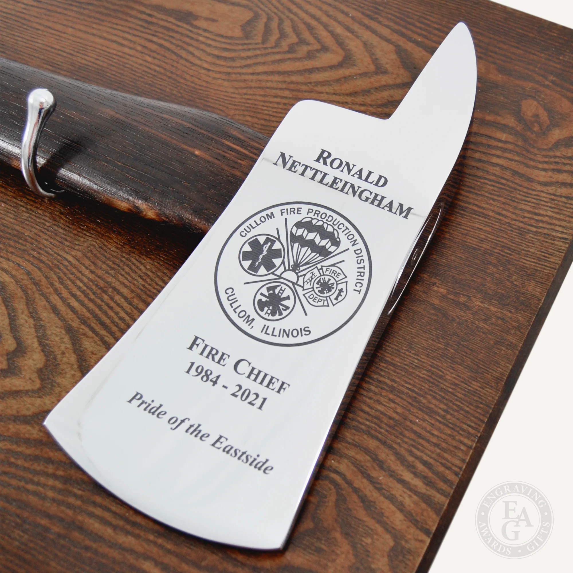 42x16 Walnut Firefighter Award Plaque - Chrome Axe - Image 29