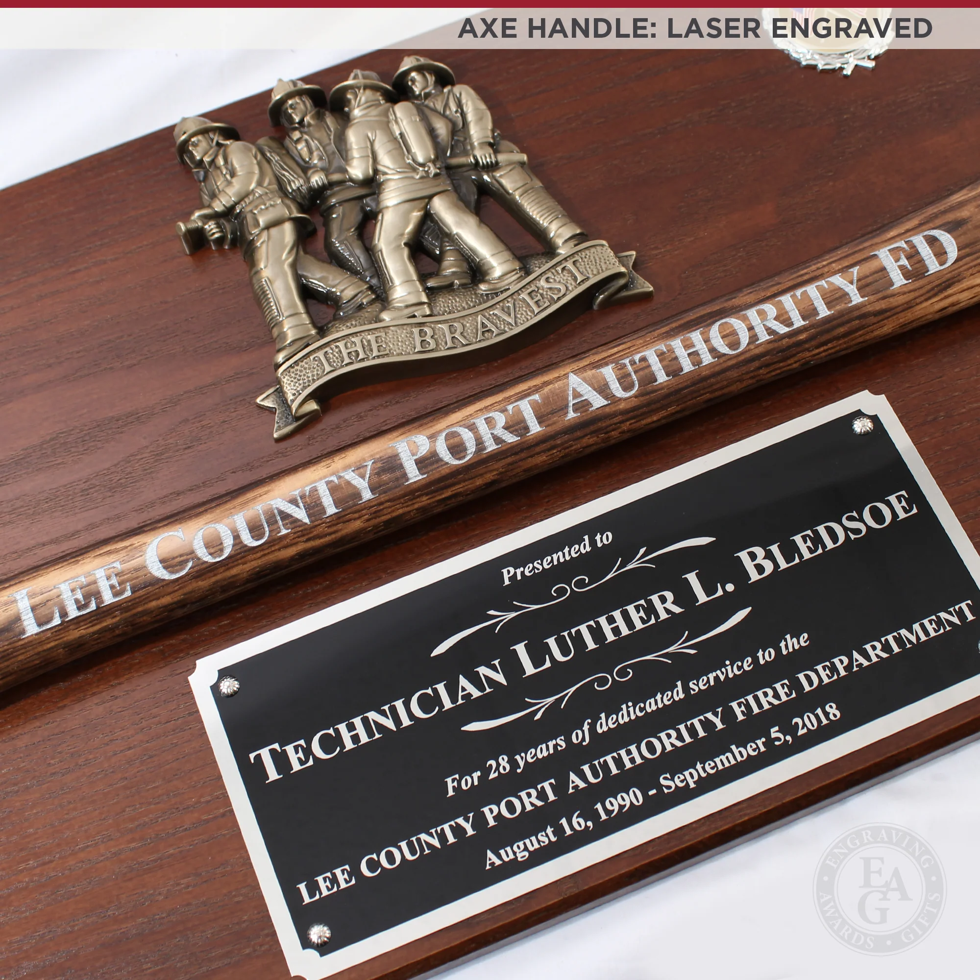 42x16 Walnut Firefighter Award Plaque - Chrome Axe - Image 4