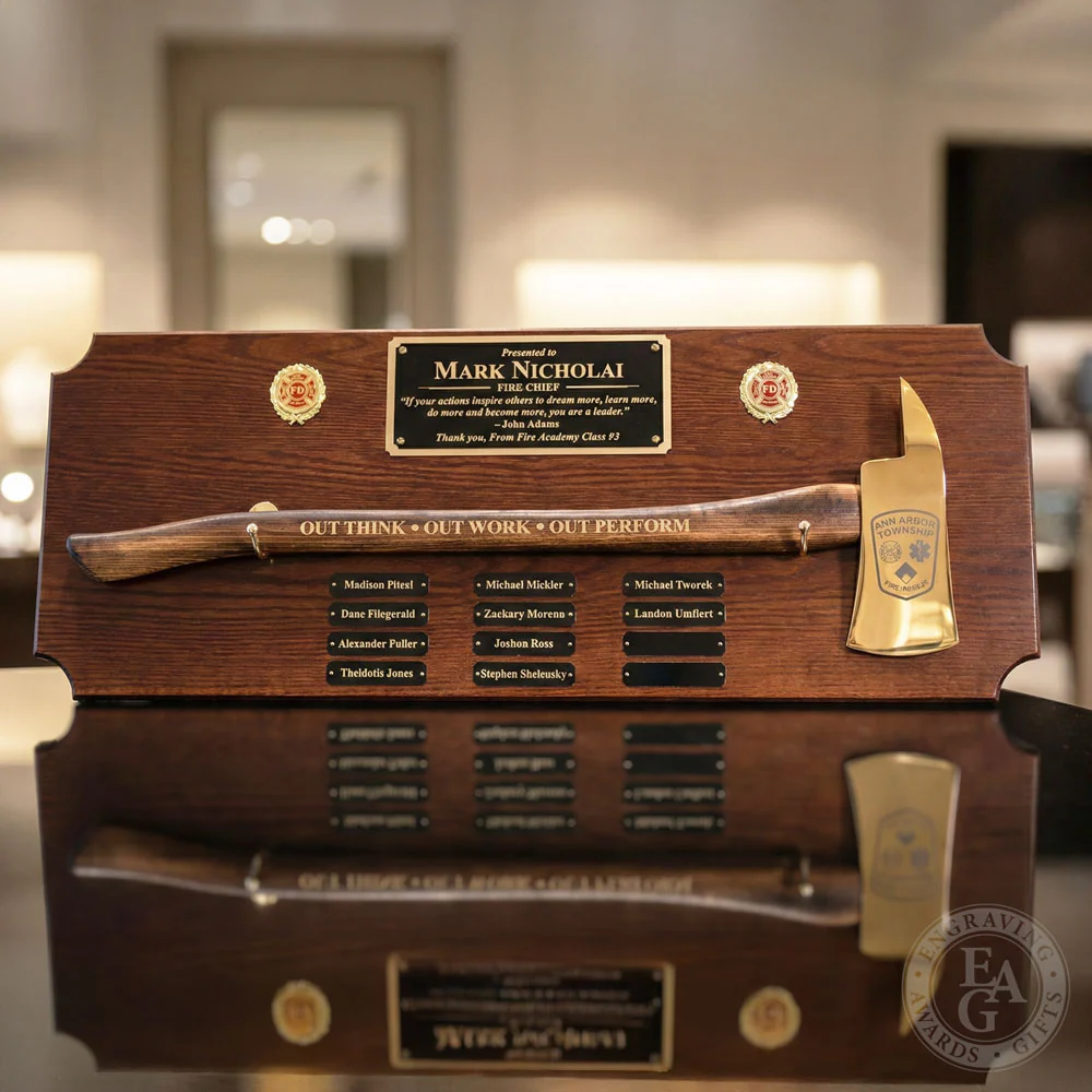 42x16 Walnut Firefighter Perpetual Award Plaque - Gold Axe - Image 23