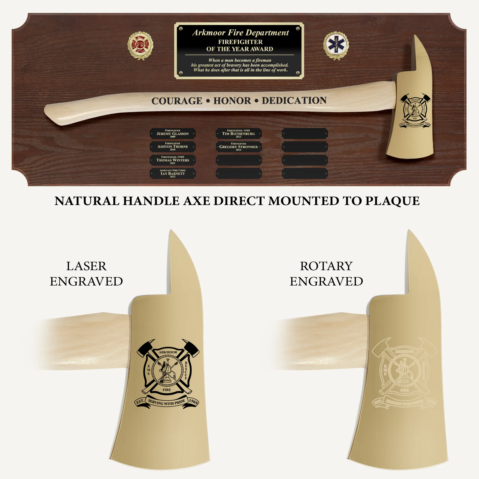 42x16 Walnut Firefighter Perpetual Award Plaque - Gold Axe - Image 3