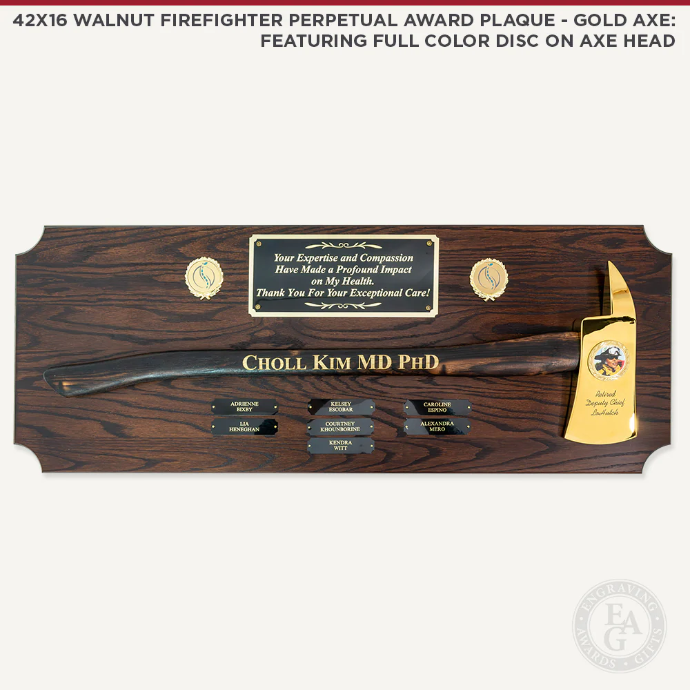 42x16 Walnut Firefighter Perpetual Award Plaque - Gold Axe - Image 8